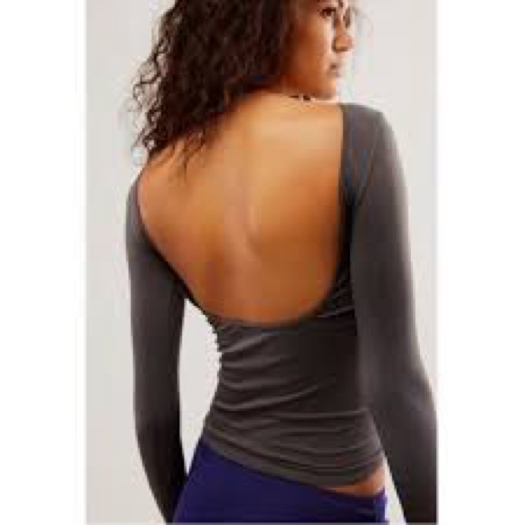 Free People Deep Back Scoop Long Sleeve Top In Charcoal Gray